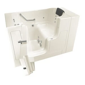 Promo 😍 American Standard 105 Premium Series 52 x 30 in. 12-Jet Gelcoat and Fiberglass Rectangle Built-In 3-Wall Alcove Bathtub with Left Drain in Linen with Polished Chrome 🤩