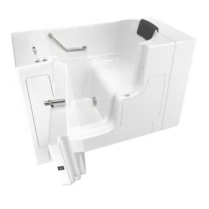 New 🤩 American Standard 105 Premium Series 52 x 30 in. 26-Jet Gelcoat and Fiberglass Rectangle Built-In 3-Wall Alcove Bathtub with Left Drain in White with Polished Chrome 😉
